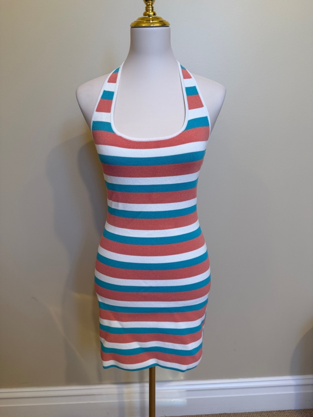 Babaton Aritzia Striped Halter Bodycon Knit Dress Size M Coral Blue White
